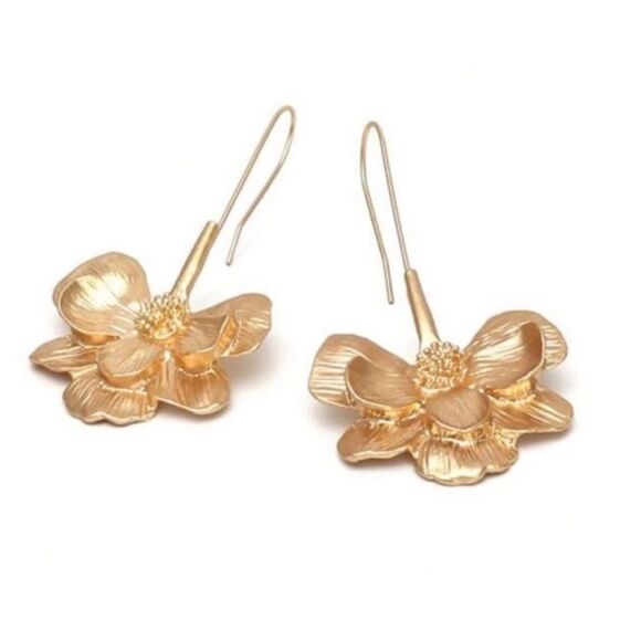 Gold Flower Petal Drop Earrings - Picture 5 of 5